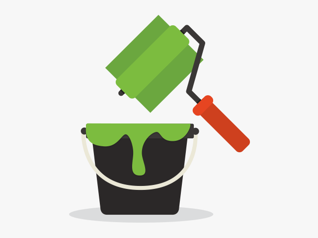 Illustration of a paint roller with green paint dripping into a black paint bucket. The roller handle is orange.