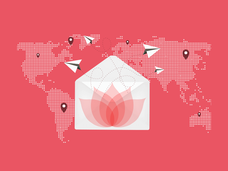 Illustration of an open envelope with a lotus design, paper airplanes, and a world map in the background marked with location pins on a red backdrop, symbolizing Achieving Email Nirvana.