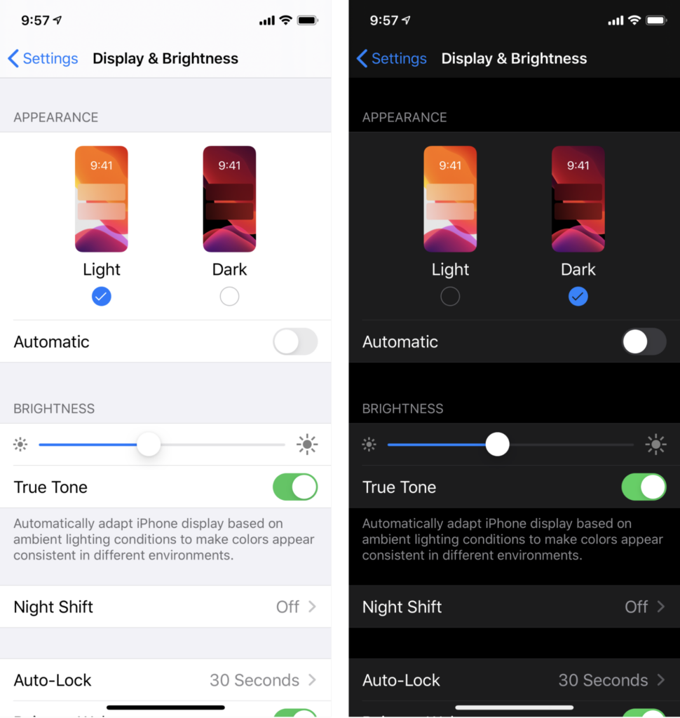 Light and Dark IOS mode settings on apple iphone