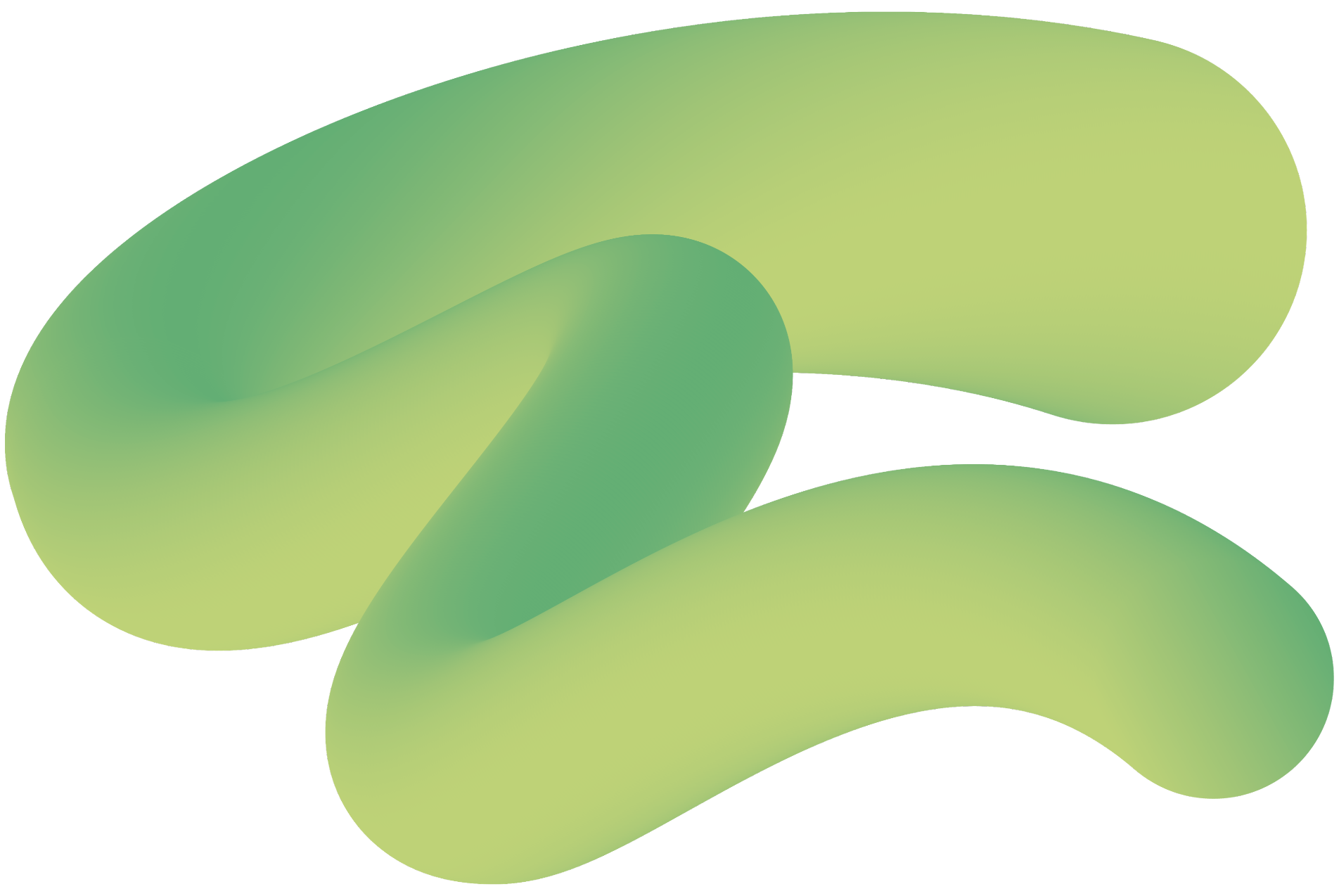 A 3D abstract shape with smooth curves in green to yellow gradient tones, resembling two interlocking curved bands.