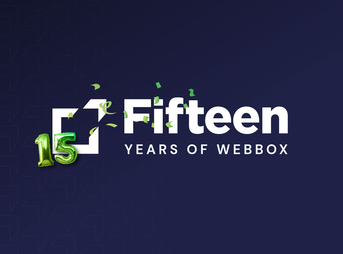 Dark background with white text reads "Fifteen Years of Webbox" and a green "15" balloon with confetti.