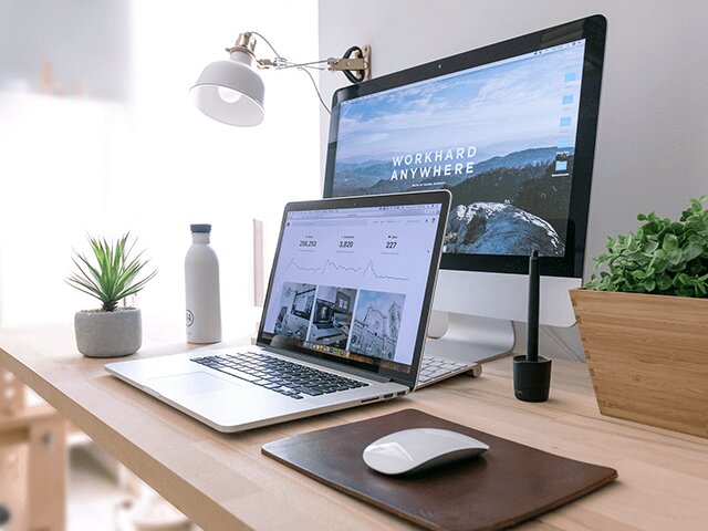 A workspace with a laptop, monitor showing "Work Hard Anywhere," mouse, mouse pad, water bottle, potted plants, and a desk lamp.