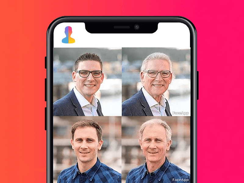 A smartphone screen displays four photos of two men, each shown as both a younger and older version of themselves using an age-modifying app. How's your business ageing? Discover 3 digital marketing trends that will stand the test of time.