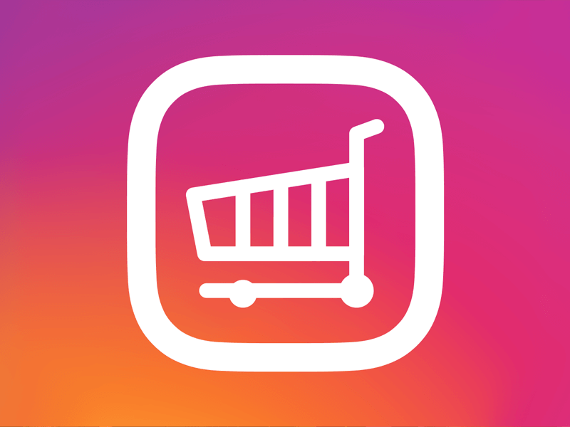 White shopping cart icon on a square background with a gradient from pink to orange.