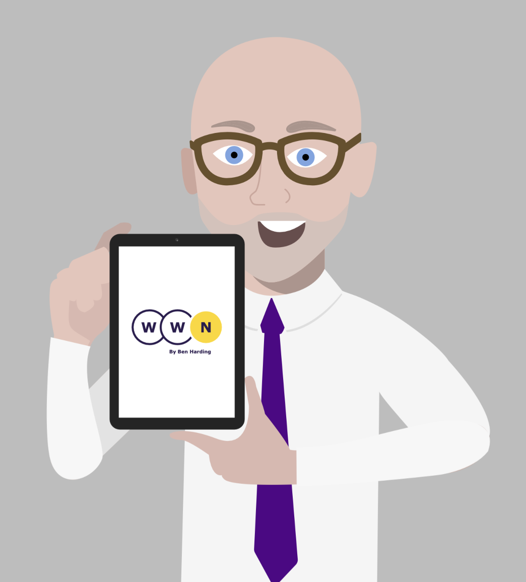 A bald, bespectacled cartoon character in a white shirt and purple tie holds a tablet displaying the logo "WWN by Ben Harding".