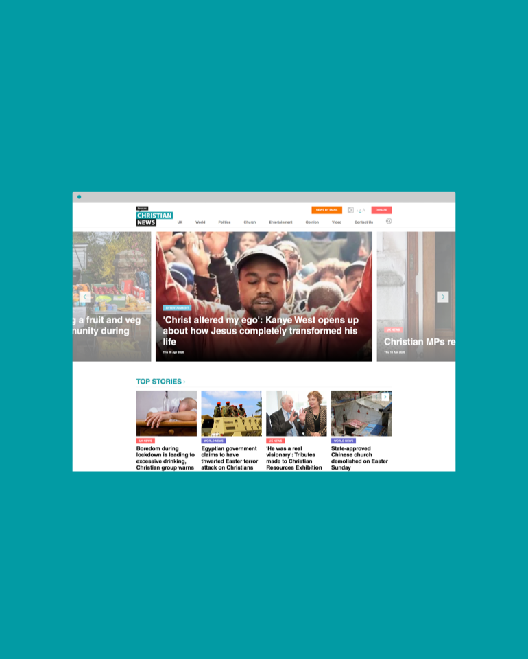 A screenshot of a news website showing a headline about Kanye West discussing his life transformation through Jesus. The page also features other news stories and images.