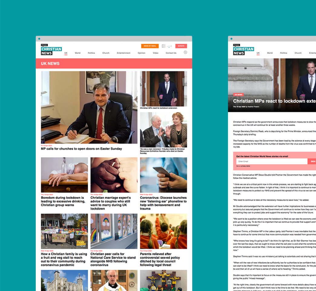 A screenshot of a news website displaying various articles, including one about an MP calling for churches to open on Easter Sunday. The layout is divided into sections with headlines, images, and text snippets.