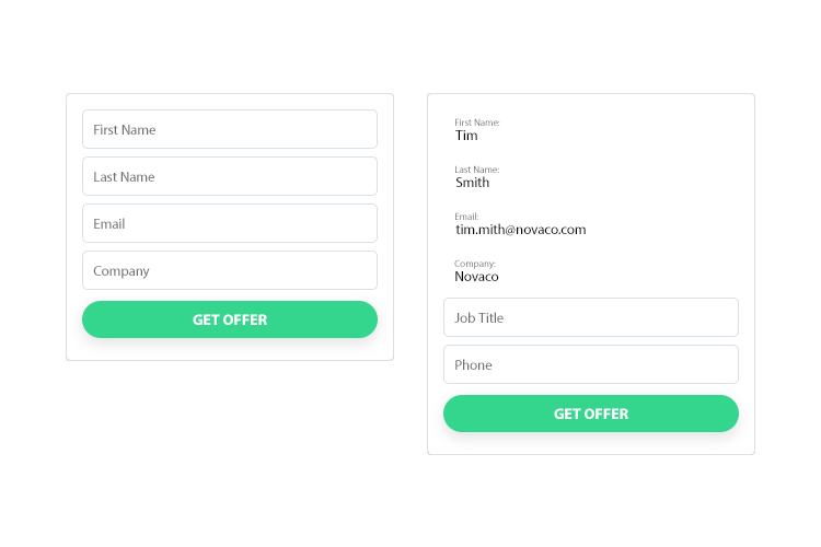 An example of a progressive lead form. with the first visit showing all form fields, and the second visit showing pre populated fields.